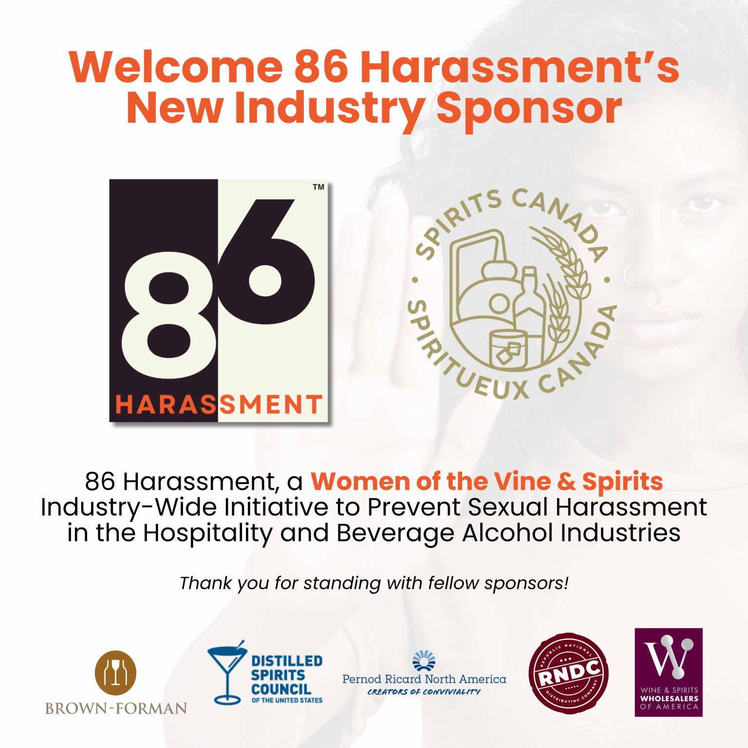 Graphic announcing 86 Harassment as a new sponsor for the Women of the Vine & Spirits initiative to prevent sexual harassment in the hospitality and beverage industries.